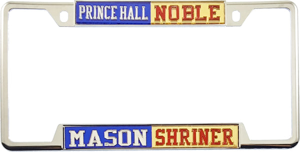 Prince Hall Mason + Shriner Noble Split License Plate Frame [Decal Visible Frame - Blue/Silver/Gold/Red]