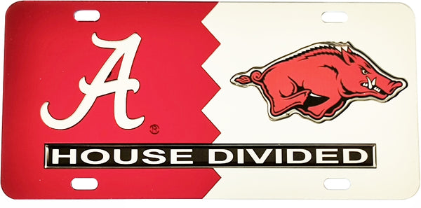 Alabama + Arkansas House Divided Split License Plate Tag [Red/Silver]