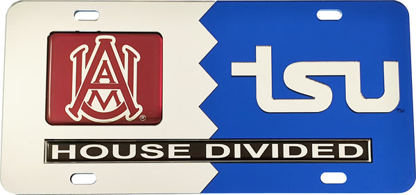 Alabama A&M + Tennessee State (TSU) House Divided Split License Plate Tag [Silver/Blue]