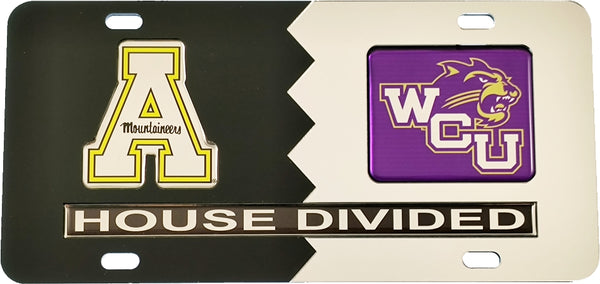 Appalachian State + Western Carolina House Divided Split License Plate Tag [Black/Silver]