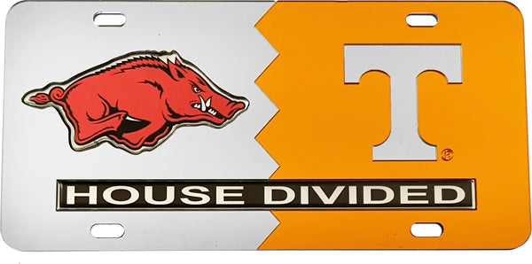 Arkansas + Tennessee House Divided Split License Plate Tag [Silver/Orange]
