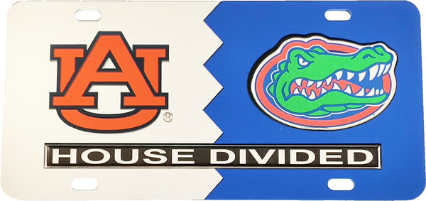 Auburn + Florida House Divided Split License Plate Tag [Silver/Blue]