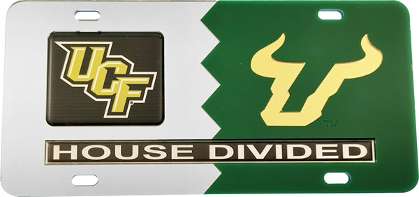 Central Florida (UCF) + South Florida (USF) House Divided Split License Plate Tag [Silver/Green]