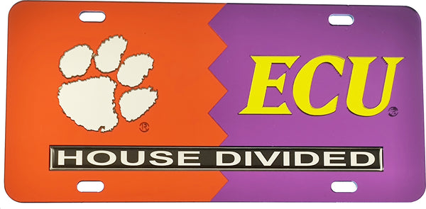 Clemson + East Carolina House Divided Split License Plate Tag [Orange/Purple]