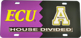 East Carolina + Appalachian State House Divided Split License Plate Tag [Purple/Black]
