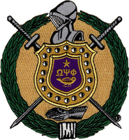 Omega Psi Phi Escutcheon Shield Embroidered On-On Patch [Purple/Old Gold]