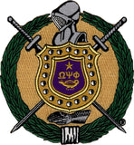 Omega Psi Phi Escutcheon Shield Embroidered On-On Patch [Purple/Old Gold]