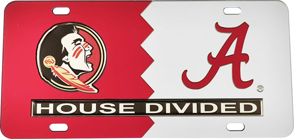 Florida State (FSU) + Alabama House Divided Split License Plate Tag [Red/Silver]