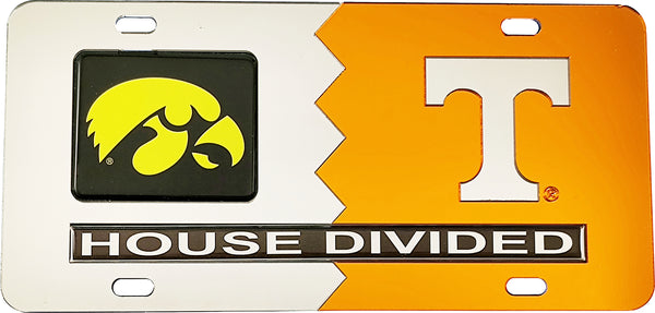 Iowa + Tennessee House Divided Split License Plate Tag [Silver/Orange]