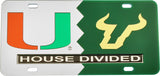 Miami + South Florida (USF) House Divided Split License Plate Tag [Silver/Green]