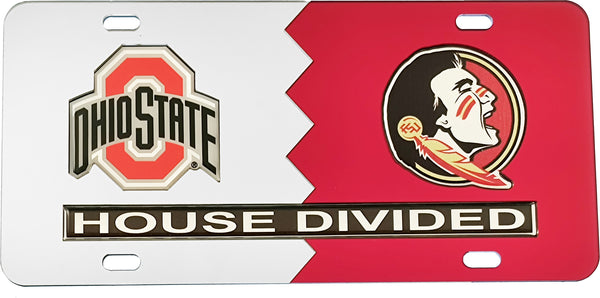 Ohio State + Florida State (FSU) House Divided Split License Plate Tag [Silver/Red]