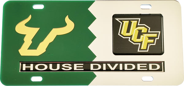 South Florida (USF) + Central Florida (UCF) House Divided Split License Plate Tag [Green/Silver]