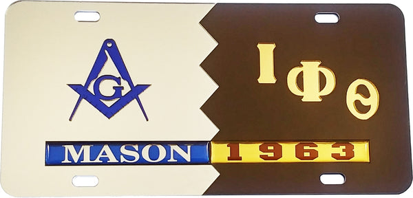 Mason + Iota Phi Theta Split Founder Year License Plate [Silver/Brown]