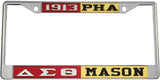 Delta Sigma Theta + Mason - PHA Split License Plate Frame [Silver Standard Frame - Red/Silver/Gold/Black]