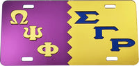 Omega Psi Phi + Sigma Gamma Rho Split Mirror License Plate [Purple/Gold/Gold/Blue]