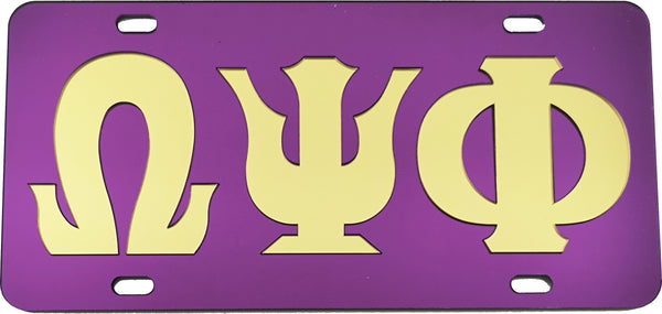 Omega Psi Phi Inlaid Color Mirror License Plate [Purple/Gold]