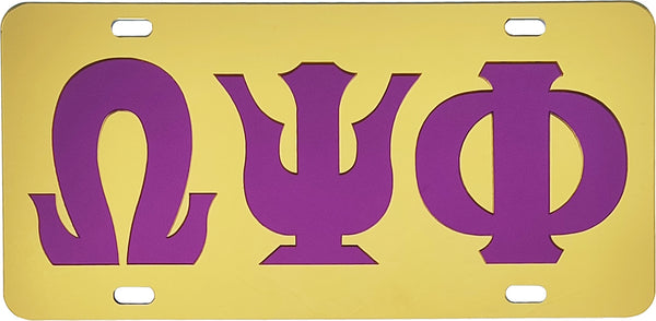 Omega Psi Phi Inlaid Color Mirror License Plate [Gold/Purple]
