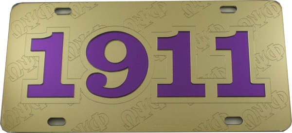 Omega Psi Phi 1911 Founder Satin Background Tag License Plate [Gold]