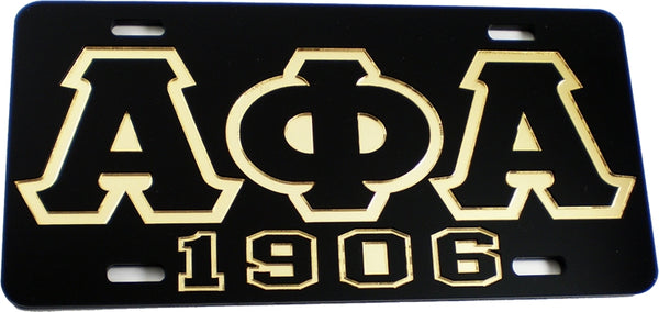 Alpha Phi Alpha 1906 Outline Mirror License Plate [Black/Black/Gold]