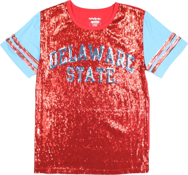Big Boy Delaware State Hornets S6 Womens Sequins Tee [Red]