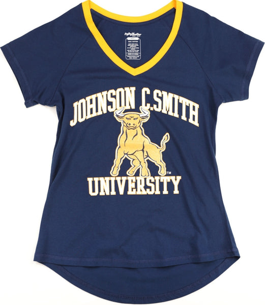 Big Boy Johnson C. Smith Golden Bulls S3 Womens V-Neck Tee [Navy Blue]
