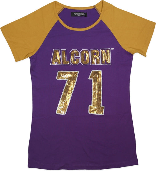 Big Boy Alcorn State Braves S1 Ladies Sequins Patch Tee [Purple]