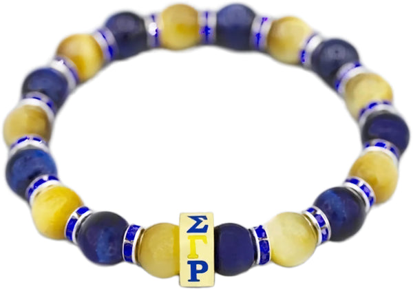Sigma Gamma Rho Stone Tiger Eye Bead Bracelet With Stainless Steel Charm [Blue/Gold]