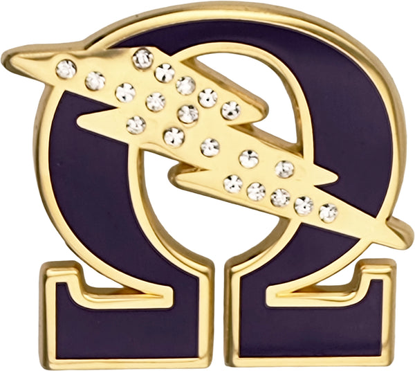 Omega Psi Phi Rhinestone Que Bolt Lapel Pin [Purple/Gold]