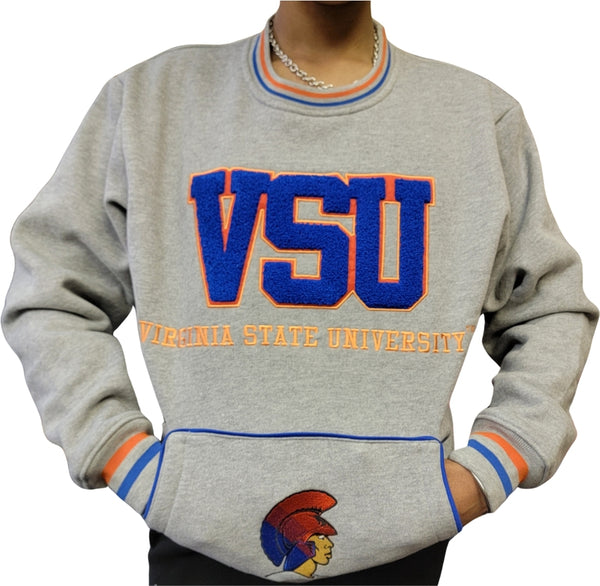 Buffalo Dallas Virginia State Trojans Chenille Crewneck Adult Unisex Sweatshirt [Grey]