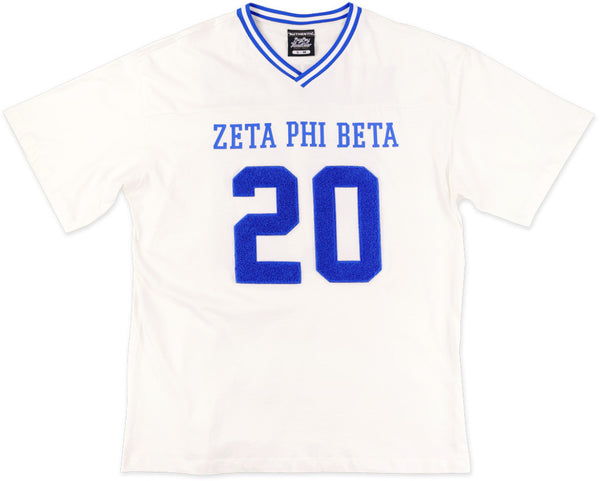 Big Boy Zeta Phi Beta Divine 9 S1 Oversized Chenille Football Jersey Tee [Ivory White]