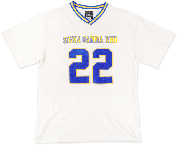 Big Boy Sigma Gamma Rho Divine 9 S1 Oversized Chenille Football Jersey Tee [Ivory White]