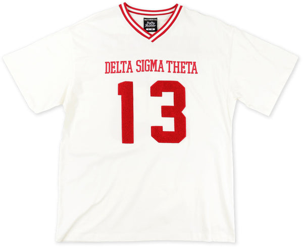 Big Boy Delta Sigma Theta Divine 9 S1 Oversized Chenille Football Jersey Tee [Ivory White]