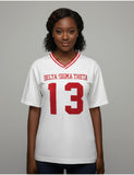 Big Boy Delta Sigma Theta Divine 9 S1 Oversized Chenille Football Jersey Tee [Ivory White]