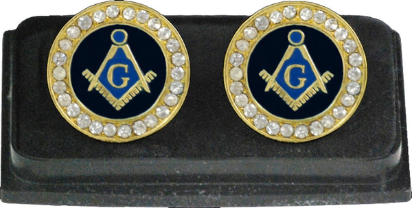 Mason Blue House Symbol Stone Crystal Round Cuff Links [Gold]
