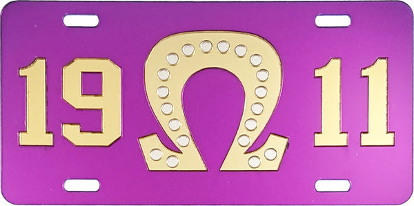 Omega Psi Phi 1911 Big Q 20 Pearls Mirror License Plate [Purple/Gold]