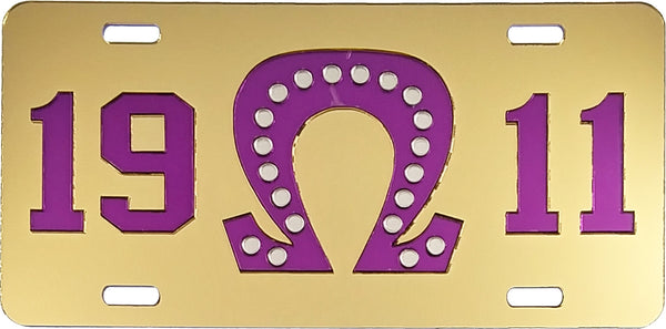 Omega Psi Phi 1911 Big Q 20 Pearls Mirror License Plate [Gold/Purple]