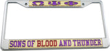 Omega Psi Phi Sons Of Blood And Thunder License Plate Frame [Silver Standard Frame - Gold/Purple]