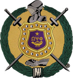 Omega Psi Phi Escutcheon Shield Embroidered On-On Patch [Purple/Old Gold]