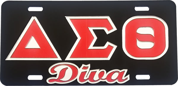 Delta Sigma Theta Diva Outline Mirror License Plate [Black/Red/Silver]