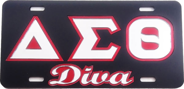 Delta Sigma Theta Diva Outline Mirror License Plate [Black/Silver/Red]