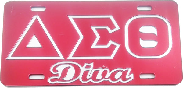 Delta Sigma Theta Diva Outline Mirror License Plate [Red/Red/Silver]