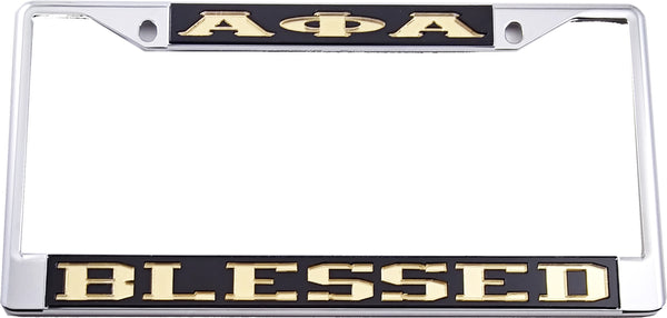 Alpha Phi Alpha Blessed License Plate Frame [Black/Gold - Car or Truck - Silver Standard Frame]