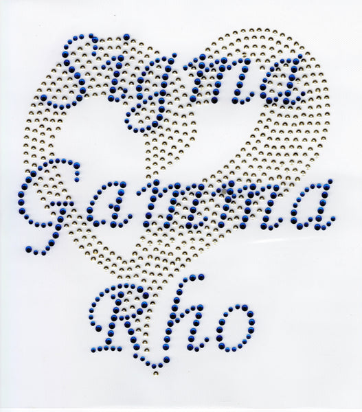Sigma Gamma Rho Sequin Heart Rhinestone Letter Heat Transfer [Gold/Blue - 7"W x 8"T]