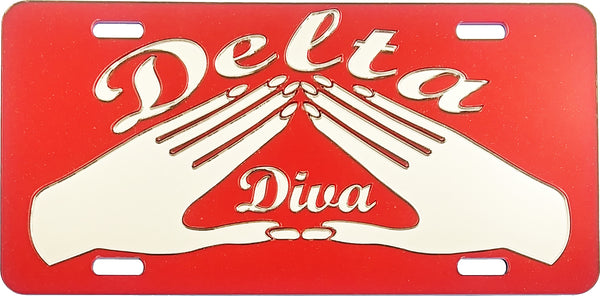 Delta Sigma Theta Hand Sign Diva Mirror License Plate [Red/Silver]