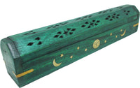 New Age Carved Coffin Brass Inlay Ash Catcher Incense Stick & Cone Holder [Green - 12"]