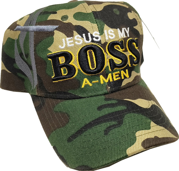 Jesus Is My Boss A-Men Mens Cap [Green Camouflage - Adjustable Size]