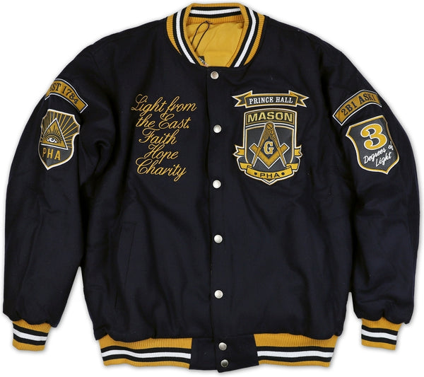 Big Boy Prince Hall Mason Divine S3 Varsity Mens Wool Jacket [Navy Blue/Gold - Medium]