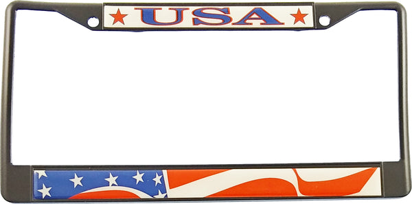 United States Waving Flag Domed USA Metal License Plate Frame [Black - Car or Truck]