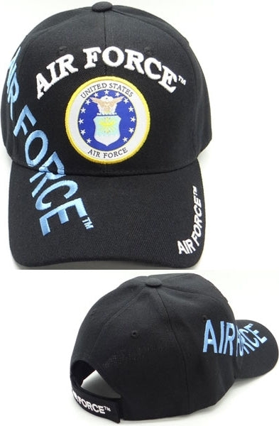 Air Force Emblem Shadow Text Mens Cap [Black - Adjustable Size - Baseball Cap]