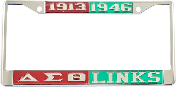 Delta Sigma Theta + Links Split License Plate Frame [Red/Silver/Green/Silver - Car or Truck - Silver Standard Frame]